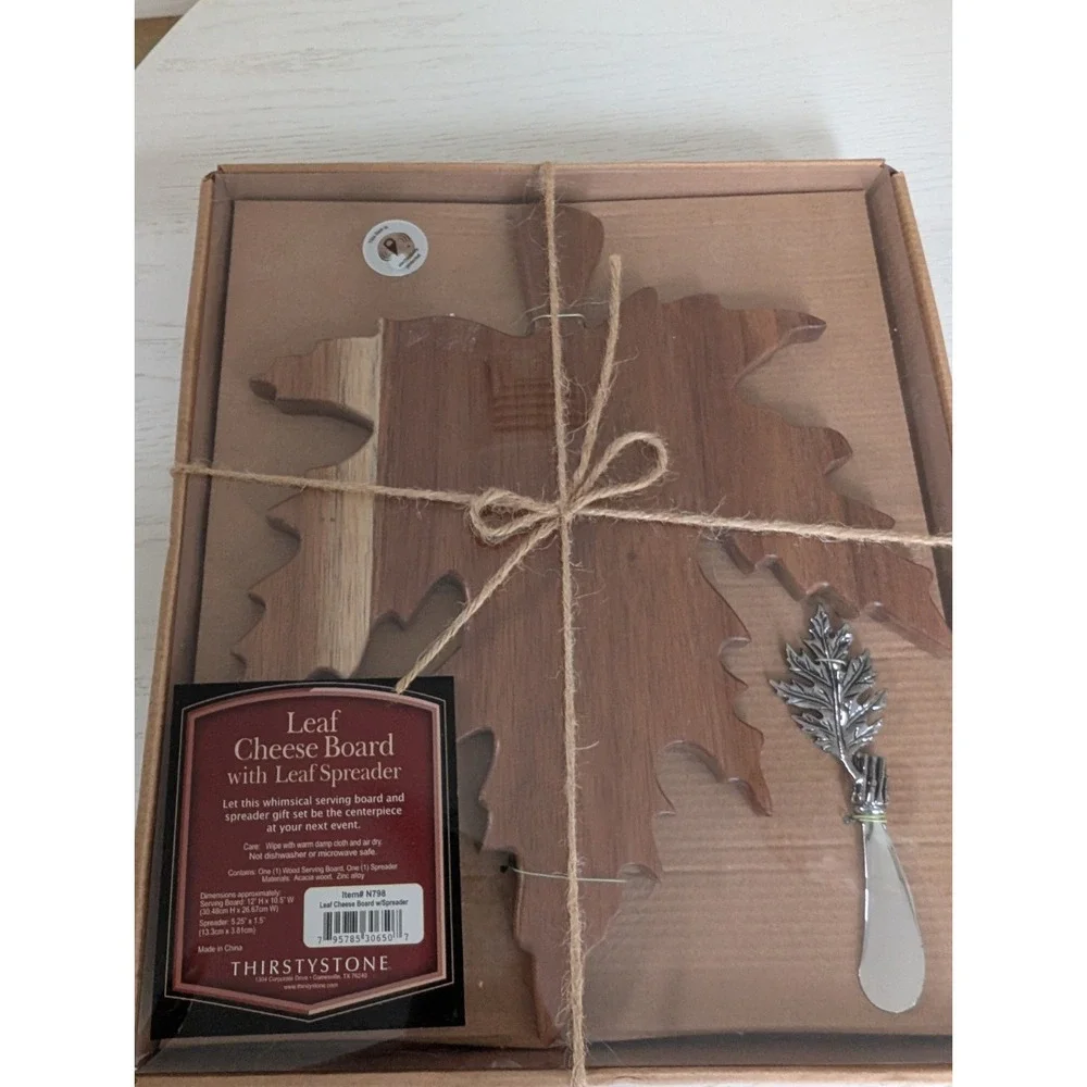 Thirstystone Set Wooden Leaf Cheese Board & Metal Spreader‎ Knife NEW in Pkg
